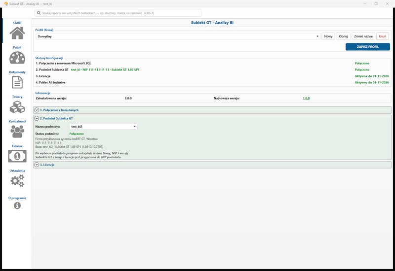 ekran START programu Subiekt GT - Analizy BI: profil, serwer SQL, podmiot, licencja