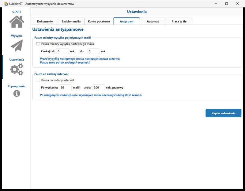 ustawienia antyspamowe w programie Subiekt GT Automatyczne wysyłanie dokumentów
