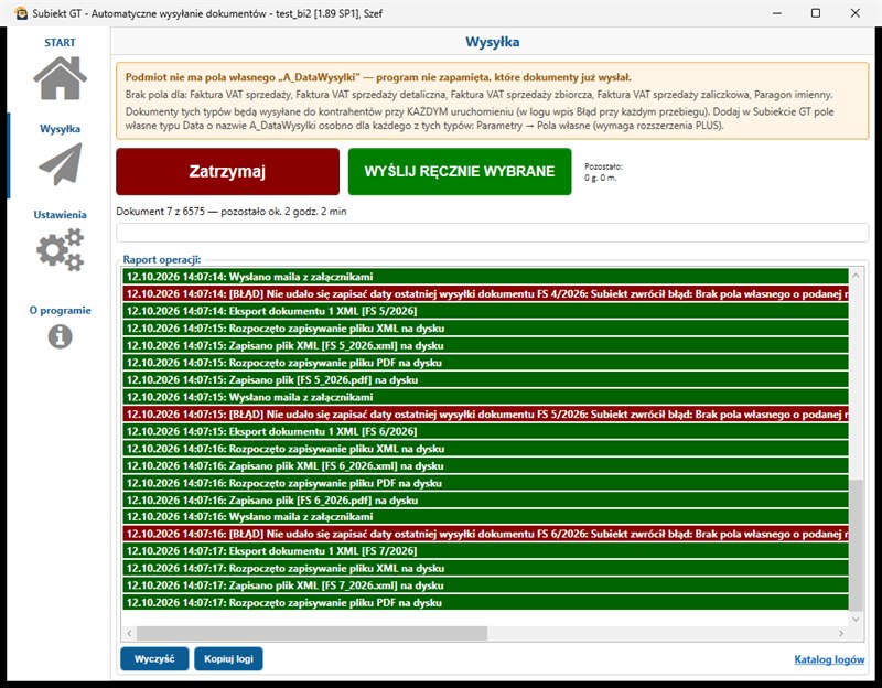 ostrzeżenie o&nbsp;braku pola A_DataWysylki w&nbsp;programie Subiekt GT Automatyczne wysyłanie dokumentów
