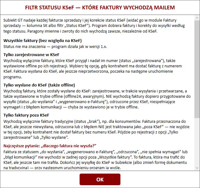 okno pomocy filtra statusu KSeF w programie Subiekt GT Automatyczne wysyłanie dokumentów