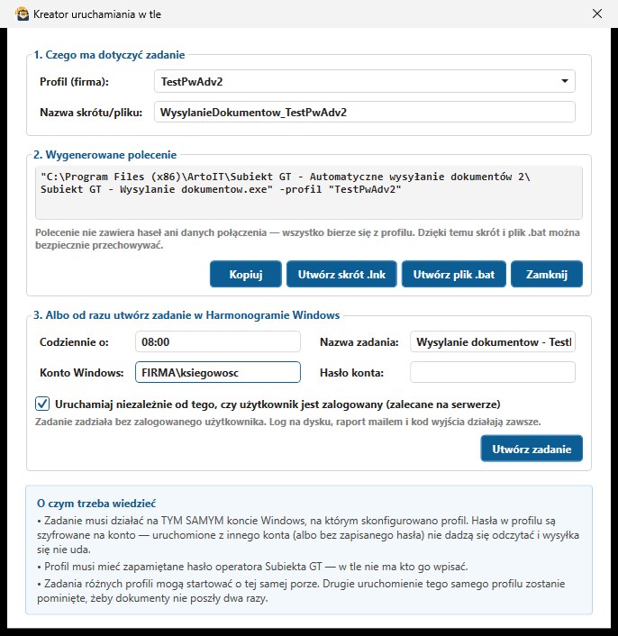 kreator pracy w tle z Harmonogramu Windows w programie Subiekt GT Automatyczne wysyłanie dokumentów