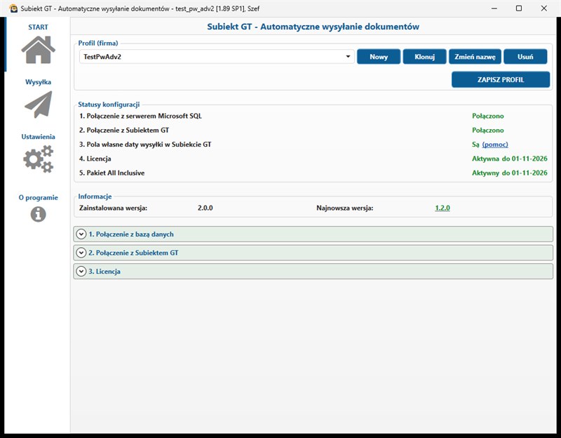 ekran START programu Subiekt GT Automatyczne wysyłanie faktur i paragonów w PDF na maila