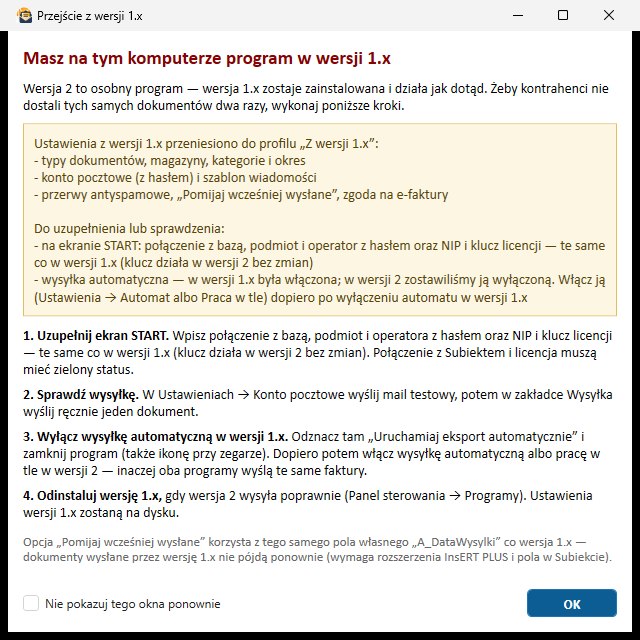 okno przejścia z&nbsp;wersji 1.x programu Subiekt GT Automatyczne wysyłanie dokumentów
