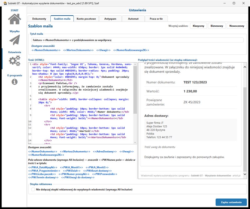 szablon maila Biznesowy z&nbsp;podglądem w&nbsp;programie Subiekt GT Automatyczne wysyłanie dokumentów