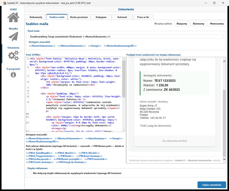szablon maila Nowoczesny z podglądem w programie Subiekt GT Automatyczne wysyłanie dokumentów