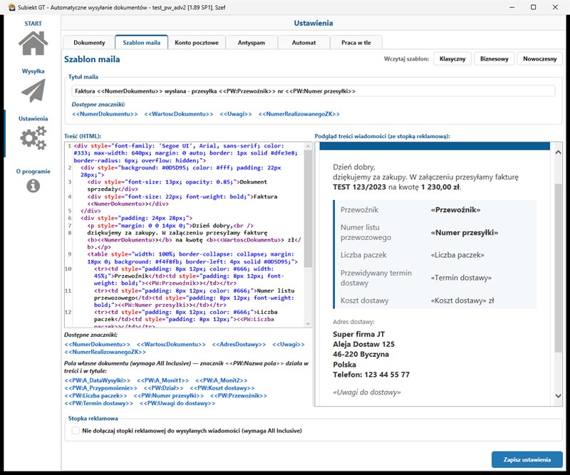 własny szablon maila z&nbsp;polami własnymi dokumentu w&nbsp;programie Subiekt GT Automatyczne wysyłanie dokumentów
