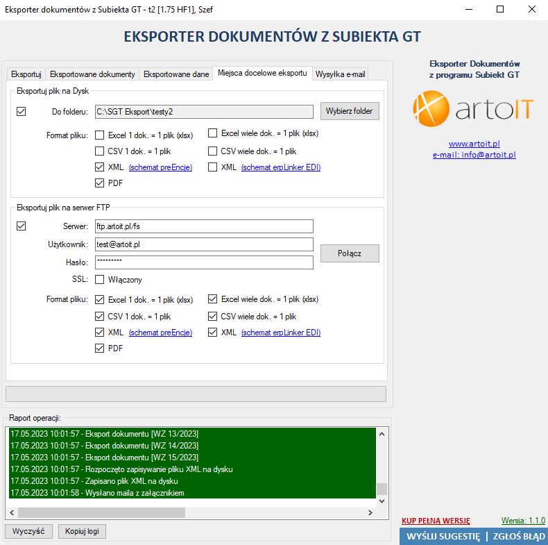 okno ustawień serwera FTP w programie Subiekt GT Eksporter dokumentów