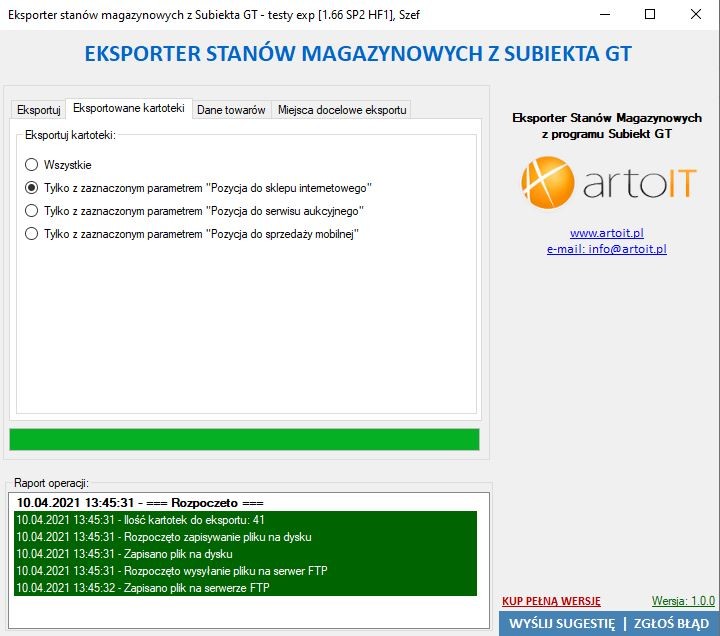 okno ustawień programu Subiekt GT Eksporter stanów magazynowych