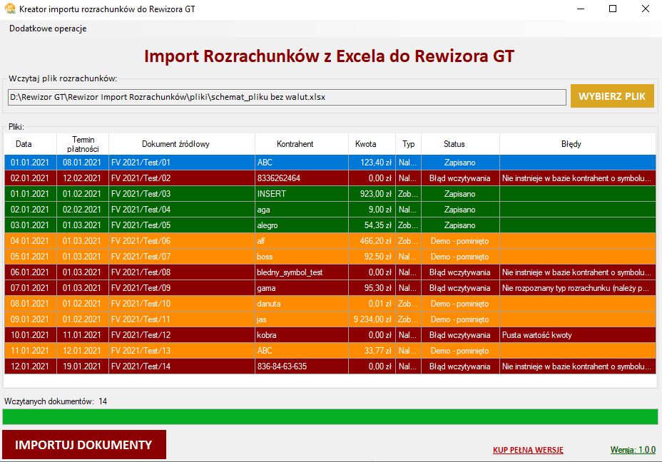 okno programu Rewizor GT Import rozrachunków z Excela