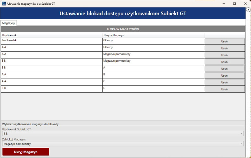 okno programu Subiekt GT Ukrywanie Magazynów