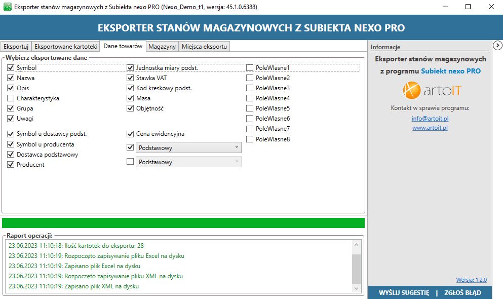 okno ustawień eksportowanych danych z programu Subiekt nexo PRO Eksporter stanów magazynowych
