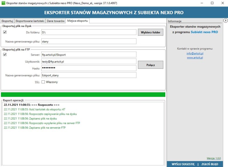 okno ustawień serwera FTP w programie Subiekt nexo PRO Eksporter stanów magazynowych