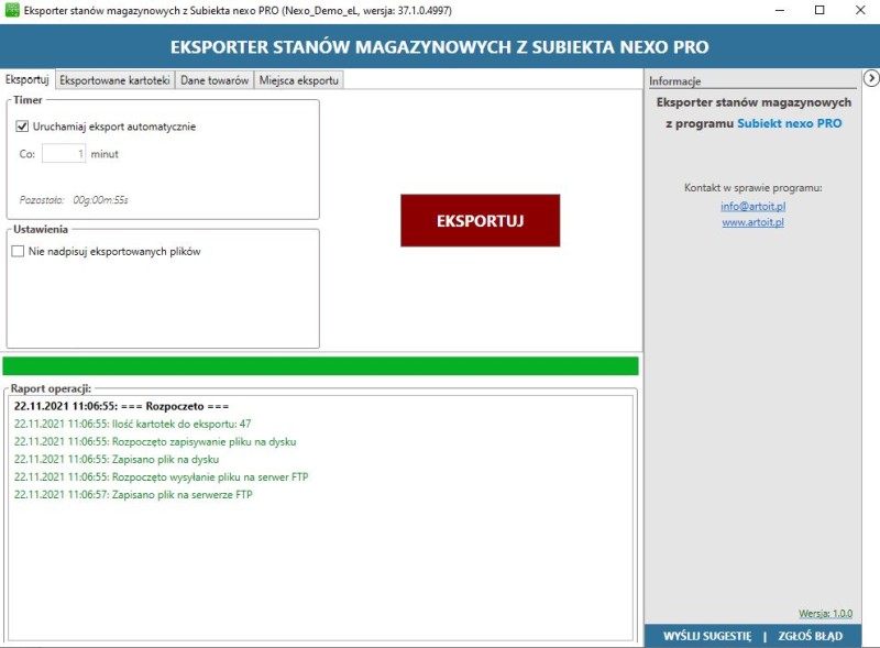 Okno programu Eksporter stanów dla Subiekta nexo PRO