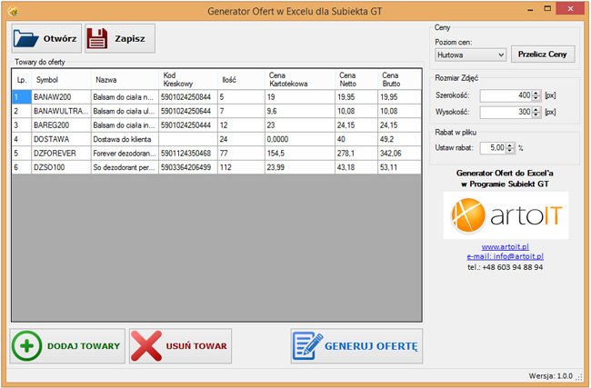 Okno programu Generator Ofert w Excelu dla Subiekta GT