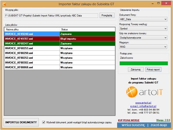 główne okno programu Subiekt GT Import Faktur