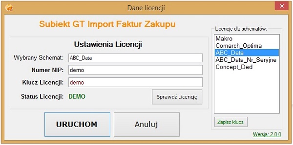 główne okno programu Subiekt GT Import Faktur